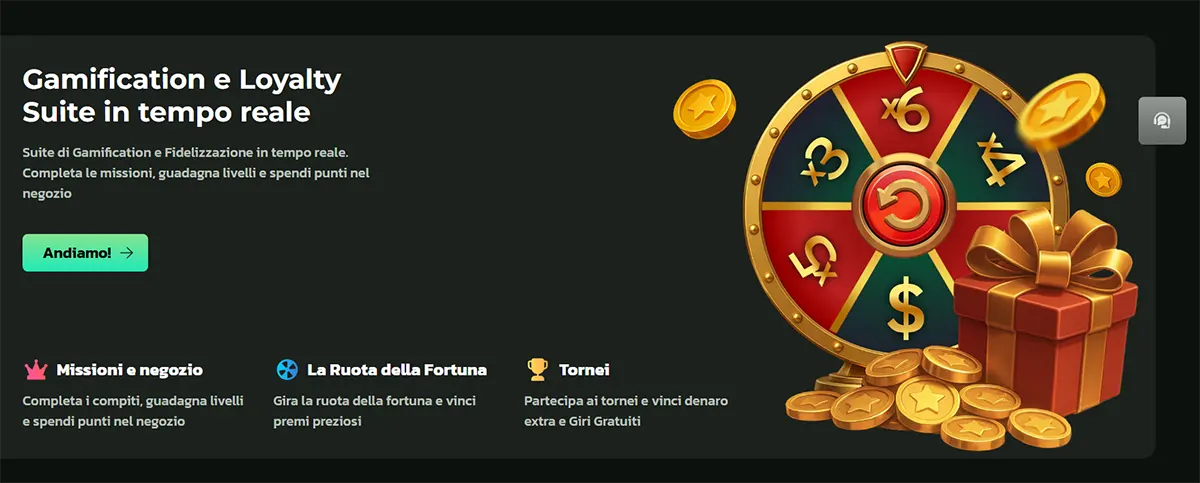 Italian casino gamification and loyalty banner with the headline “Gamification e Loyalty Suite in tempo reale,” a green “Andiamo!” button, feature highlights for missions & shop, Wheel of Fortune, and tournaments, plus a large prize wheel with multipliers, gold coins, and a gift box on the right.