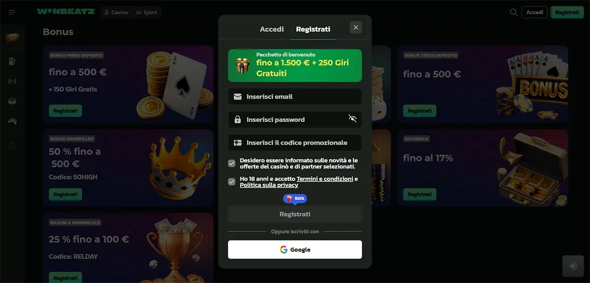Italian registration popup on a dark casino bonuses page, showing a green welcome offer (“fino a 1.500 € + 250 Giri Gratuiti”), fields for email/password/promo code, consent checkboxes, a disabled “Registrati” button, and a Google sign-up option, with bonus cards blurred in the background.
